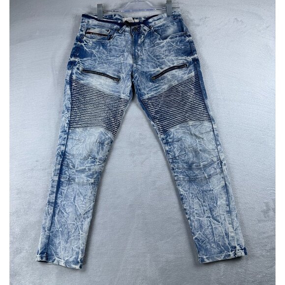 Akademiks Jeanius Skinny Jeans Mens 30X30 Moto Zipper Pockets Acid Wash Blue - Picture 1 of 13